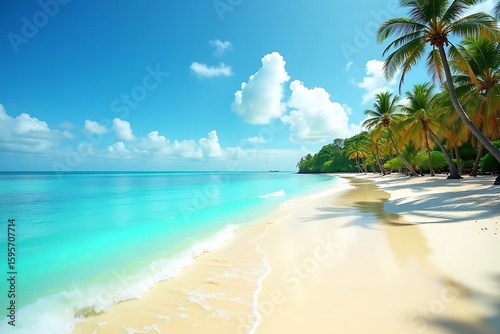 A sandy beach with turquoise waves and palm trees, styled for travel or resort promotions