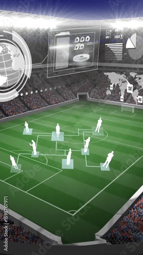 Animation of game tactics and digital interface on empty stands in sports stadium