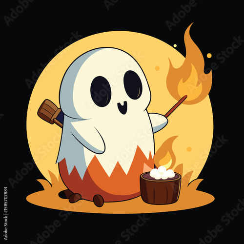 Cartoon ghost with a torch and marshmallows in front of a yellow circle