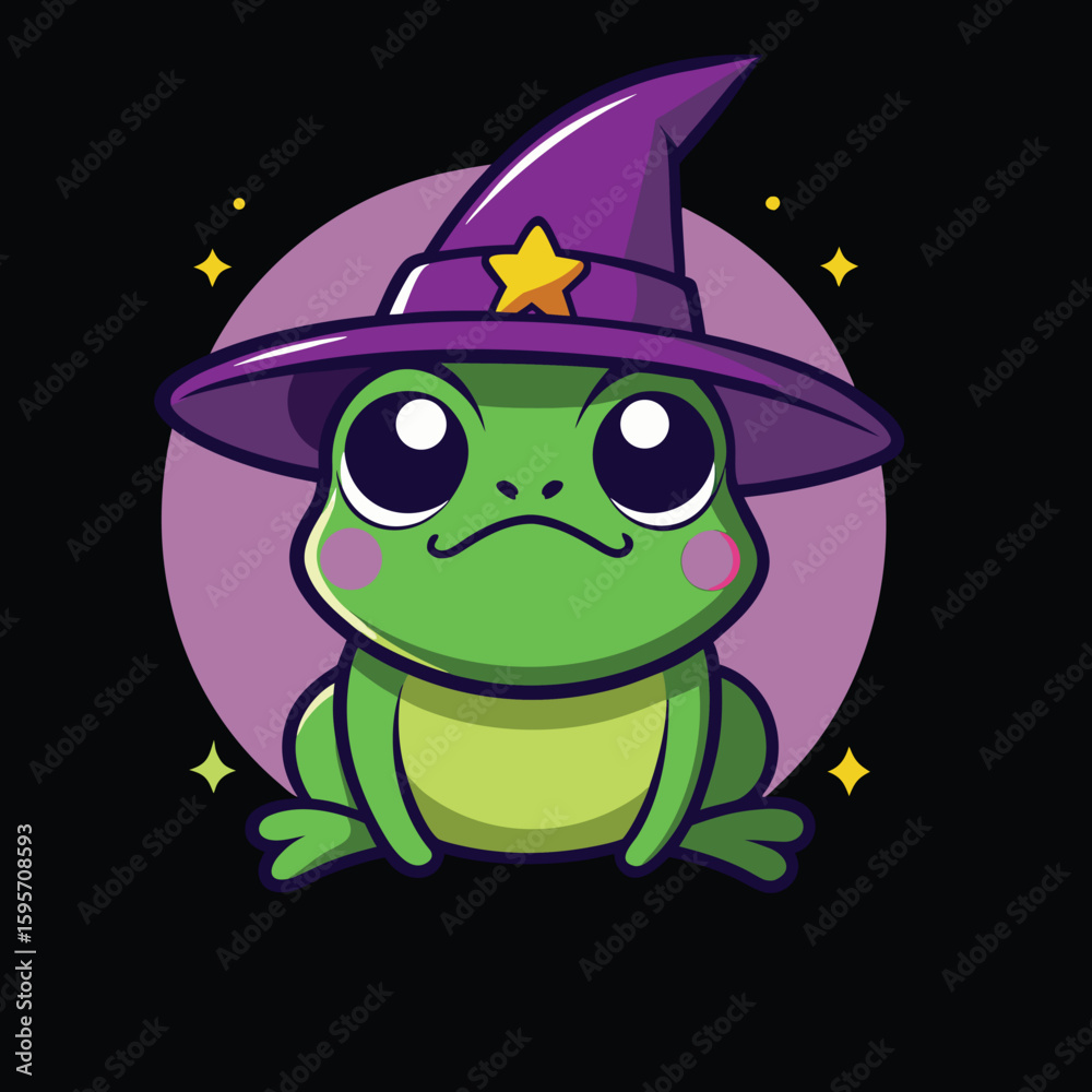 Obraz premium A cartoon frog wearing a purple witch hat with a yellow star on it