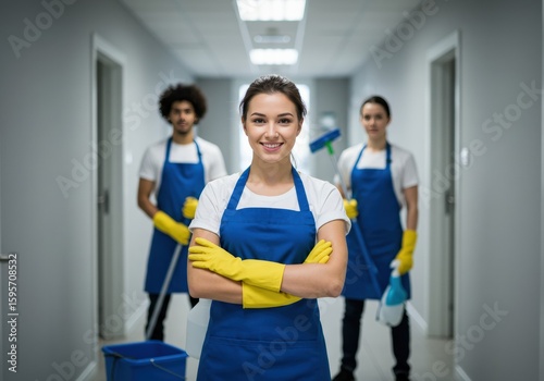 A professional cleaning team poses confidently in a brightly lit corridor, ready to provide a clean and hygienic service.