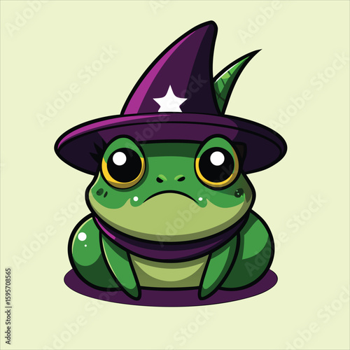 Cartoon frog wearing a purple witch hat with a star on a light background