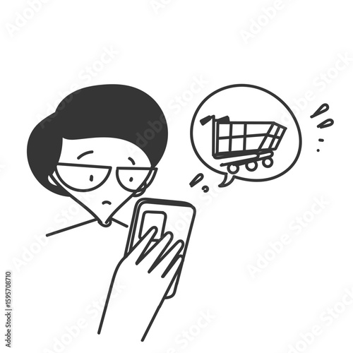 cute person buying online shopping from smartphone in doodle style