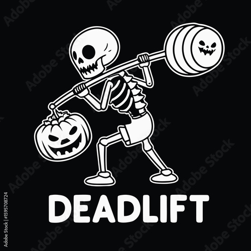 Skeleton deadlifting with pumpkin and skull weights on a black background