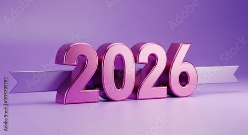 3D rendering of pink metallic 2026 numbers with silver ribbon on a purple background