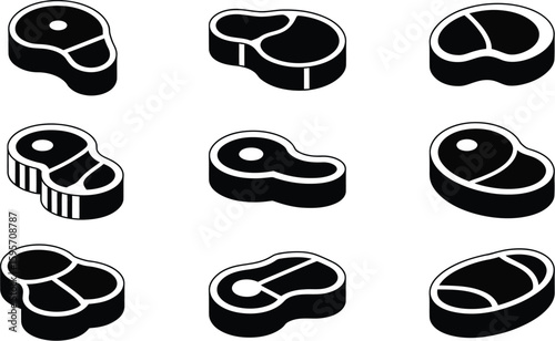 Black and white steak icons vector illustration set for butcher shop and restaurant menu design concept