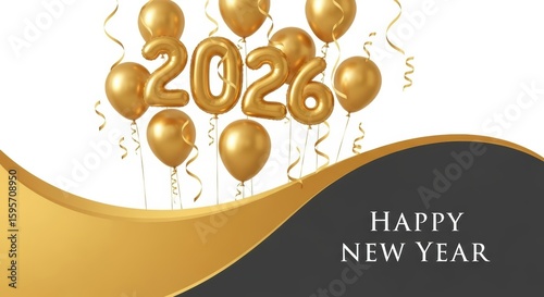Golden balloons forming 2026 with ribbons Happy New Year text celebration