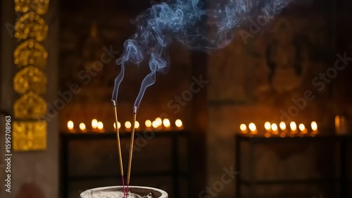 Incense sticks burning with smoke in a religious setting