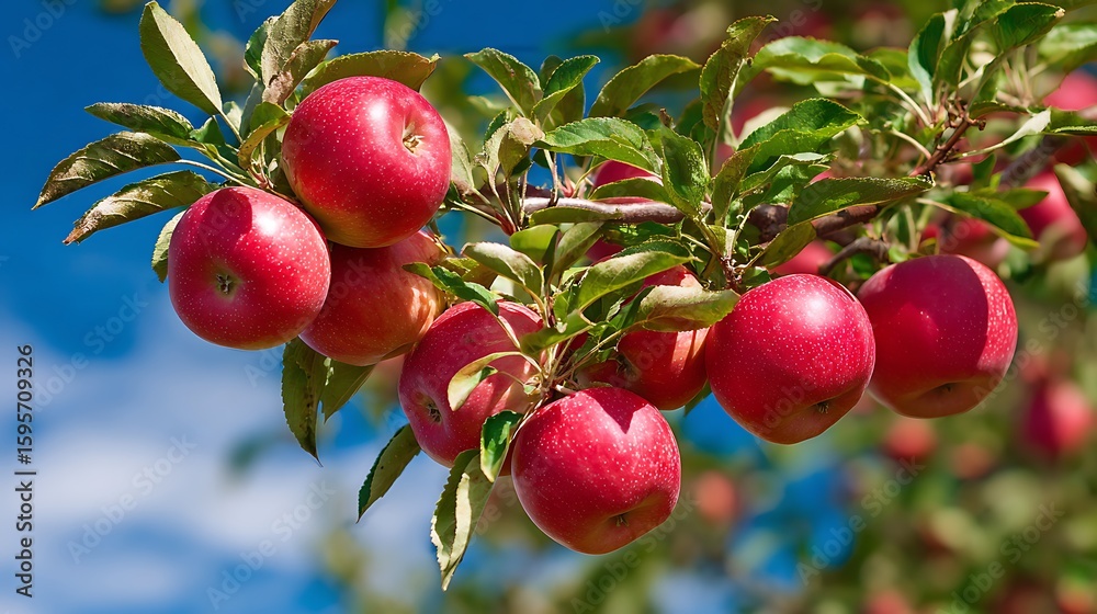 Obraz premium Ripe Apples Hanging on Tree Branch with Green Leaves