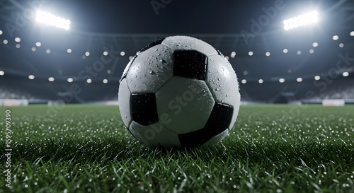 Soccer ball on grass in stadium at night