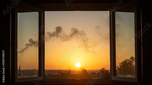 Smoke rising from a window at sunset