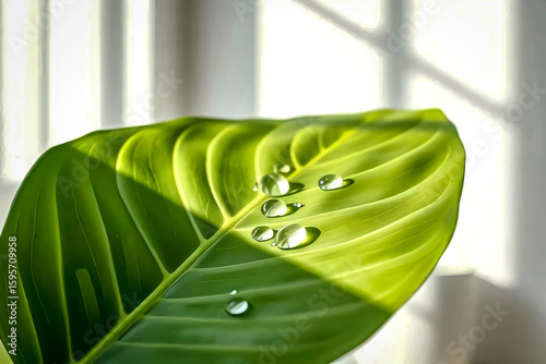 Monster leaves in a minimalist interior. The leaves feature dewdrops that shimmer in the natural light of day, creating a very realistic effect. The soft bokeh background.