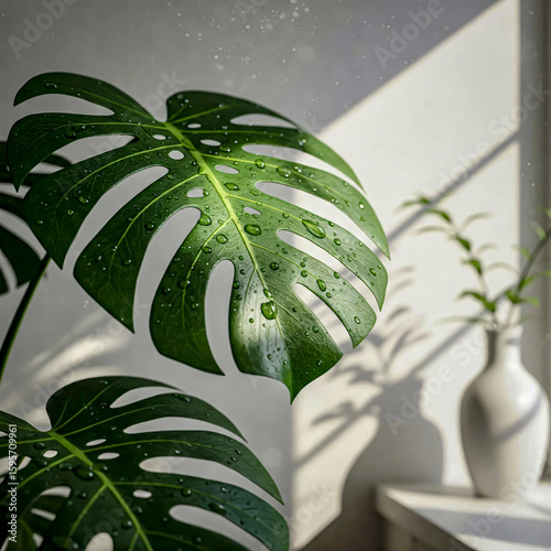 Monster leaves in a minimalist interior. The leaves feature dewdrops that shimmer in the natural light of day, creating a very realistic effect. The soft bokeh background.