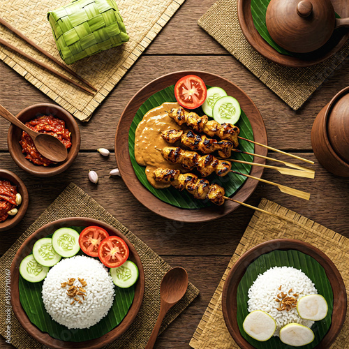 Traditional Indonesian cuisine, featuring vibrant colors and intricate textures. The main dish is a plate of chicken satay with peanut sauce, accompanied by cucumber slices, tomato slices and lontong.