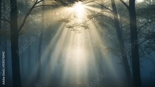 Sunlight piercing a misty forest