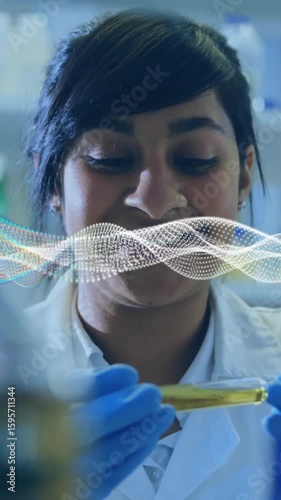 Scientist examining sample in laboratory with DNA strand animation overlay