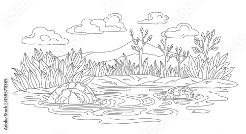 Serene Riverbank Landscape Coloring Page with Rocks, Vegetation, and Distant Mountains