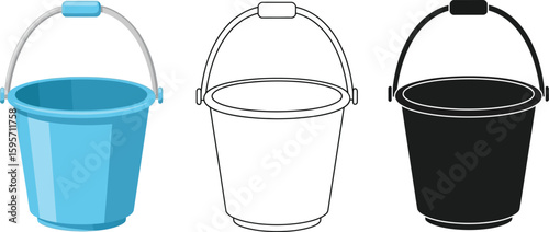 Bucket vector illustration set blue bucket outline bucket black bucket for cleaning and gardening use