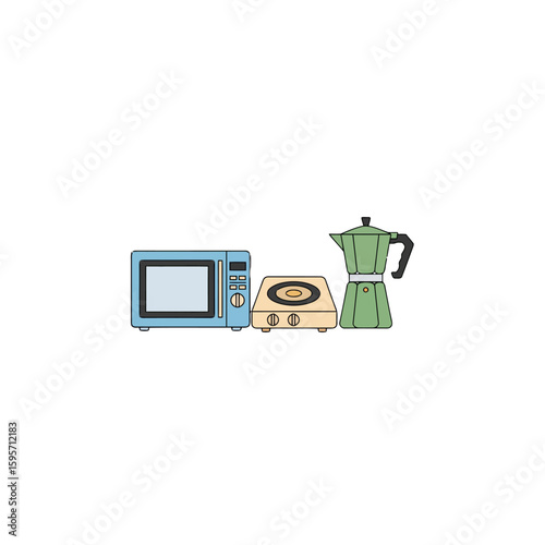 Simple illustration of a microwave, stovetop, and moka pot, suggesting a kitchen or cooking theme.