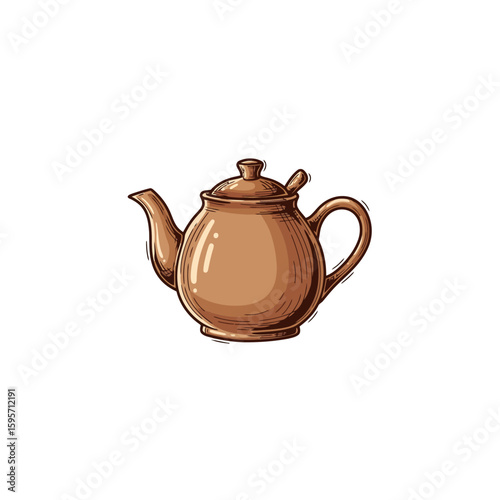 A brown ceramic teapot with a spout, handle, and lid, rendered in a sketch style.