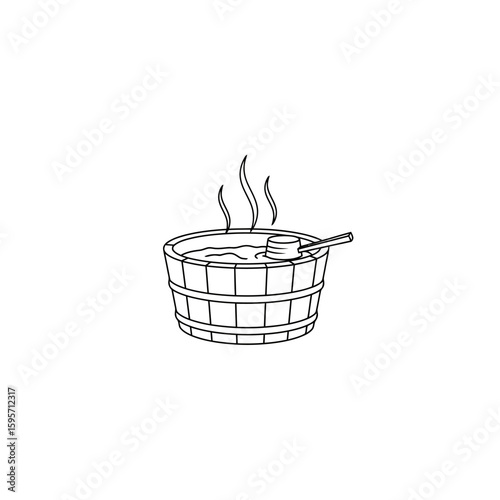 A detailed outline illustration of a wooden hot tub with steam rising and a ladle.