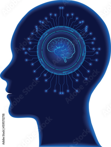 Profile blue silhouette of a human head with a hud element and brain inside and a motherboard circuit structure. Symbolizing brain technological advancement and neural connections medicine, science