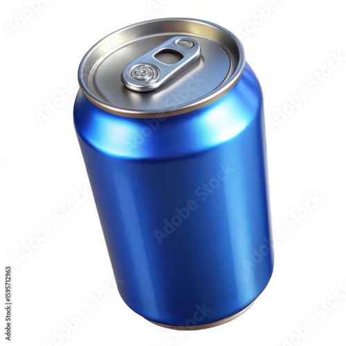Shiny blue aluminum soda can with pull tab isolated on white background