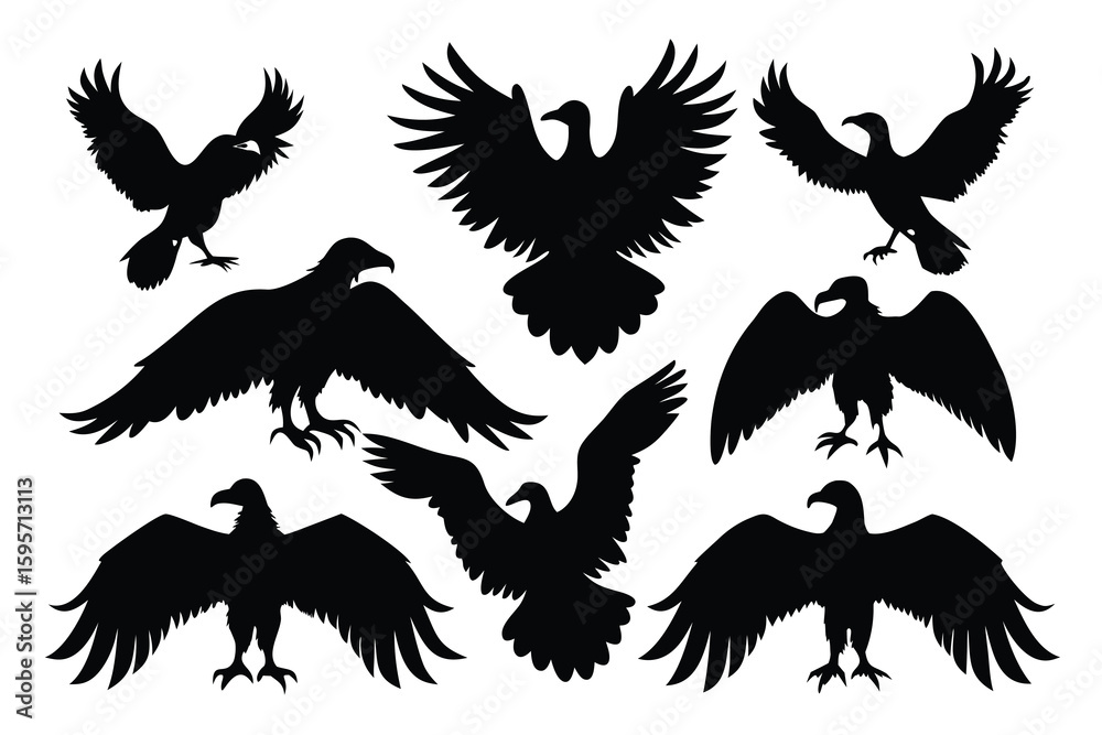 Collection of black vulture silhouettes in various poses Collection of black vulture silhouettes in various poses