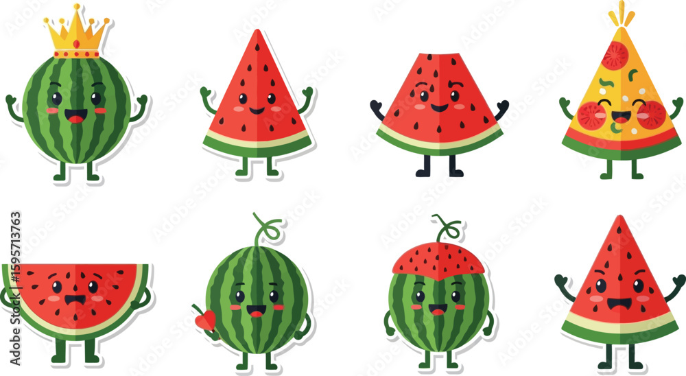 Fototapeta premium Cartoon watermelons with various expressions and accessories, smiling and happy.