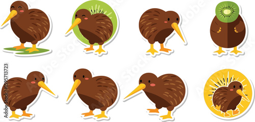 Cute kiwi bird stickers with kiwi fruit backgrounds.