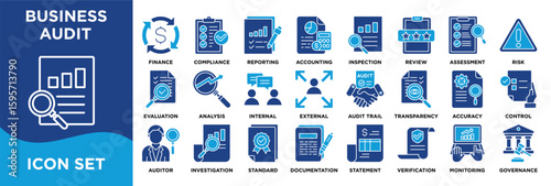 BUSINESS AUDIT icon collection set. Containing finance,compliance,reporting,accounting,inspection,review,assessment,risk,evaluation,analysis icon. dual tone vector.	