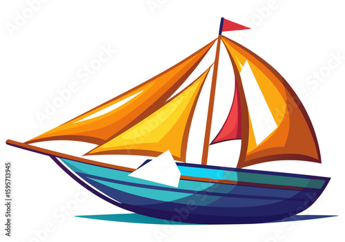 A vibrant sailboat with blue hull and orange sails, evoking themes of recreation, travel, nautical adventure, and leisure.