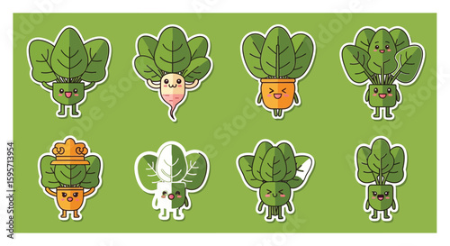 Cartoon vegetables with faces and expressions, including spinach, radish, bok choy, and carrots, arranged on a green background.