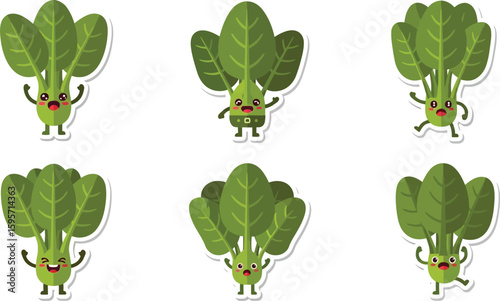 Six cartoon spinach leaves with expressive faces and poses, designed as stickers.
