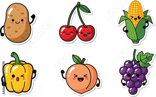 Cute cartoon stickers of a potato, cherries, corn, pepper, peach, and grapes, all with happy faces and waving arms.