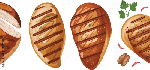 Grilled chicken breast recipe vector illustration for healthy eating and cooking food concept design art