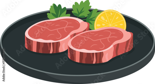 Delicious raw beef steak ready to cook with lemon and parsley on plate vector illustration