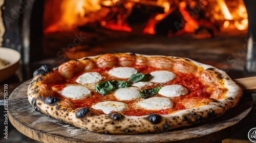 A classic Neapolitan pizza, with a blistered, charred crust San tomato sauce, fresh mozzarella, and basil, on a pizza peel next to a wood-fired oven, authentic and rustic.