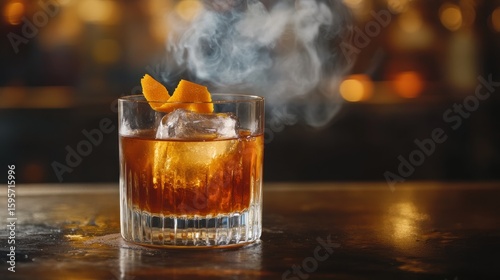 A classic Old Fashioned cocktail in a crystal rocks glass with a single, large, clear ice cube and an orange peel twist, on a dark wooden bar, sophisticated and moody, 