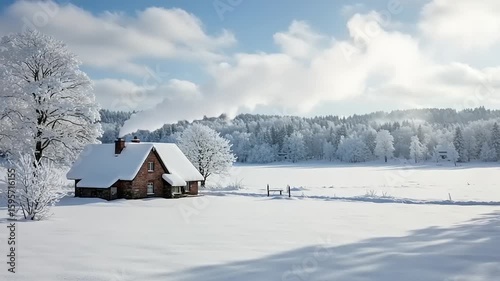 Snowy winter landscape with a cozy house.