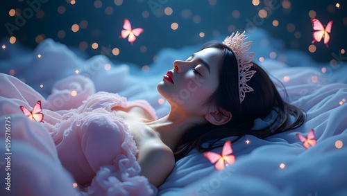 Dreamy Reverie: A young person adorned in a delicate crown drifts in a sea of soft clouds, butterflies gently flutter by in this fantastical image
