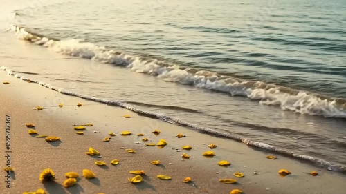 Golden petals on the beach at sunset