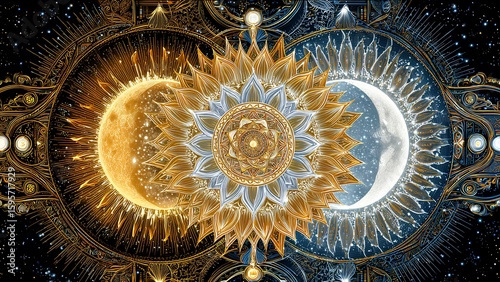 Celestial Mandala Art Featuring Sun and Moon in Cosmic Harmony