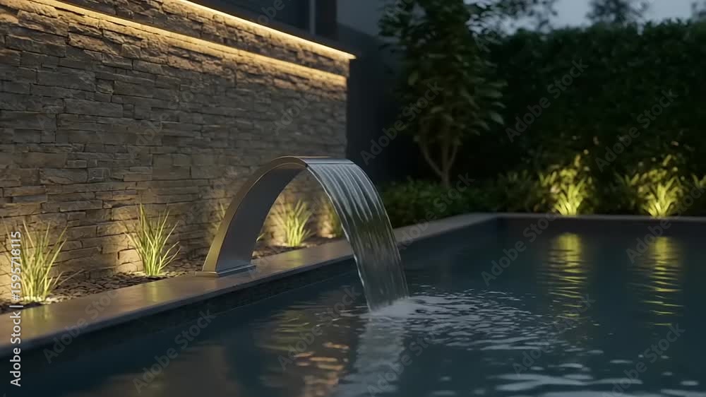 Outdoor swimming pool with water feature and stone wall