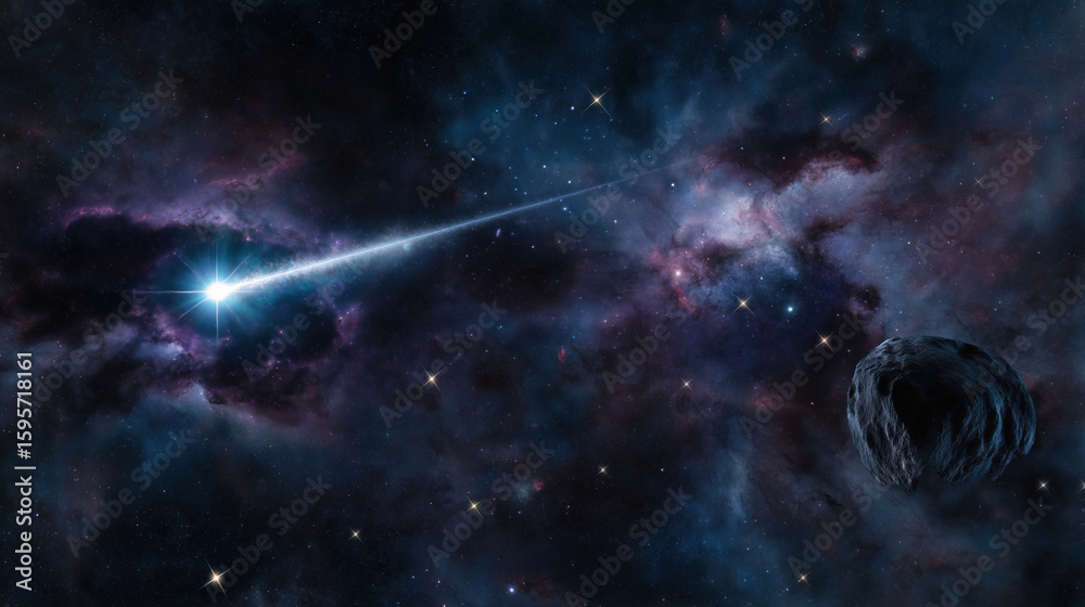 Obraz premium Exploring the cosmic landscape of a distant galaxy with a bright star and asteroid