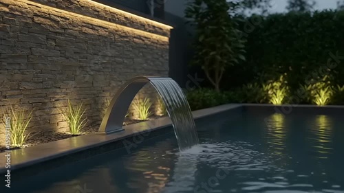 Outdoor swimming pool with water feature and stone wall