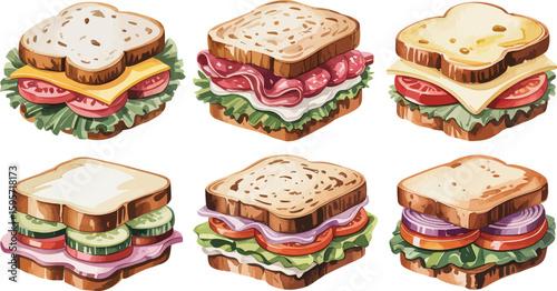 Delicious sandwiches illustration with various fillings for restaurant menu and food blogs design