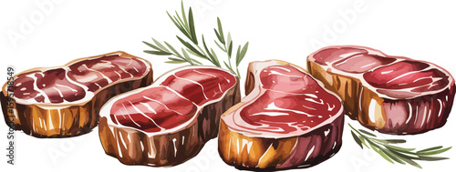 Watercolor steak illustration, beef steak cuts, raw steak, fresh meat, delicious steak, food art