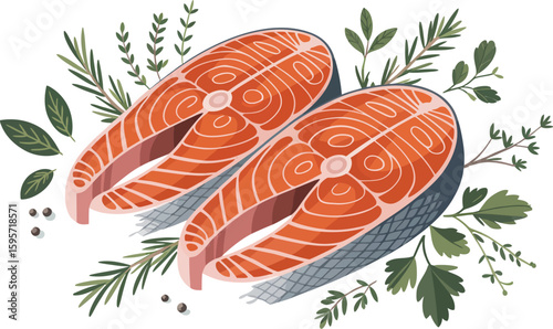Fresh salmon steaks with herbs vector illustration for healthy food and delicious seafood recipes design