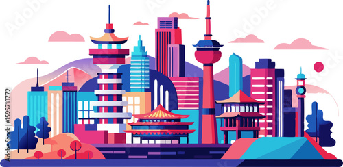 Vibrant Seoul cityscape blending palaces and skyscrapers, featuring Namsan and Lotte World, in bold red, blue, and neon pink tones. A fusion of tradition and modern style.